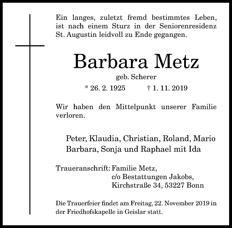  Traueranzeige für Barbara Metz vom 16.11.2019 aus General-Anzeiger Bonn