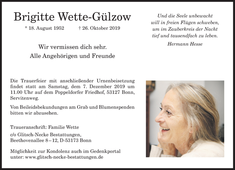  Traueranzeige für Brigitte Wette-Gülzow vom 23.11.2019 aus General-Anzeiger Bonn