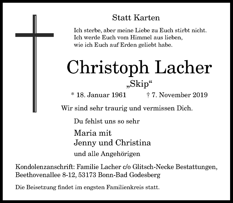  Traueranzeige für Christoph Lacher vom 09.11.2019 aus General-Anzeiger Bonn