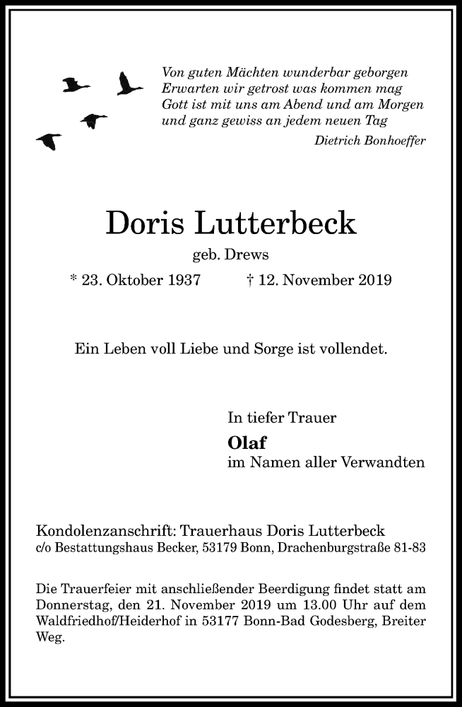  Traueranzeige für Doris Lutterbeck vom 16.11.2019 aus General-Anzeiger Bonn