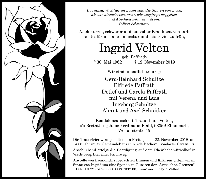  Traueranzeige für Ingrid Velten vom 16.11.2019 aus General-Anzeiger Bonn