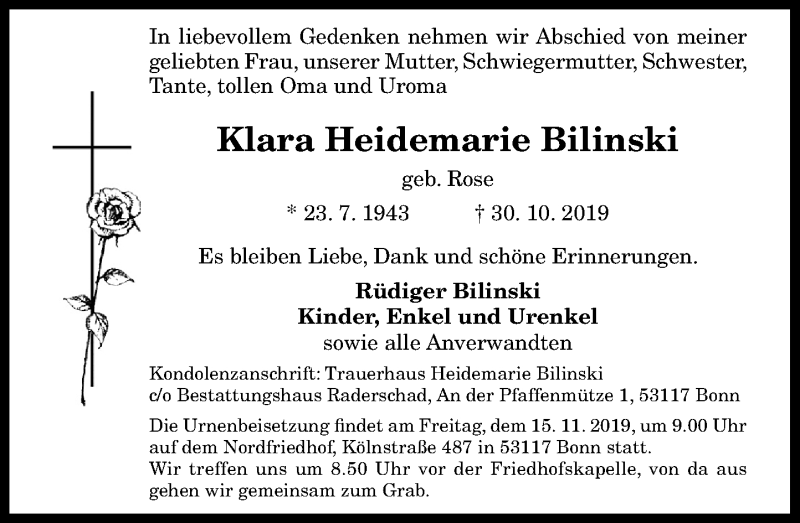  Traueranzeige für Klara Heidemarie Bilinski vom 09.11.2019 aus General-Anzeiger Bonn