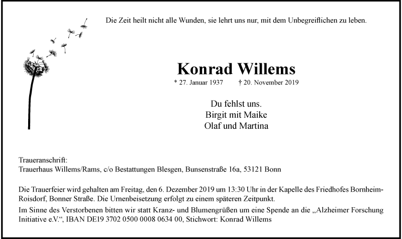  Traueranzeige für Konrad Willems vom 30.11.2019 aus General-Anzeiger Bonn