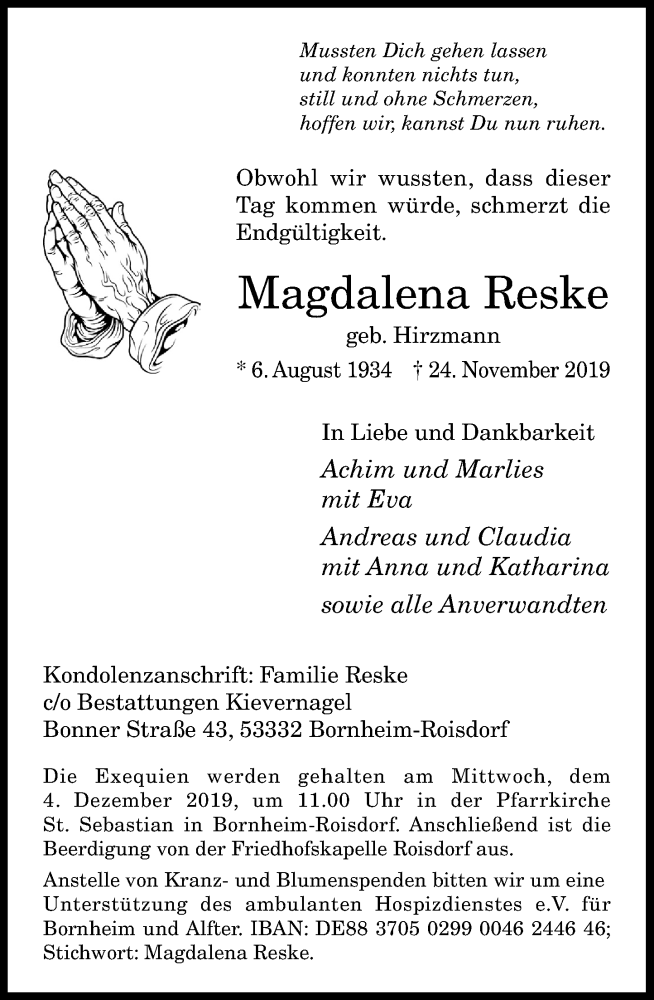  Traueranzeige für Magdalena Reske vom 30.11.2019 aus General-Anzeiger Bonn