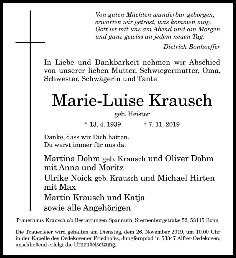  Traueranzeige für Marie-Luise Krausch vom 16.11.2019 aus General-Anzeiger Bonn