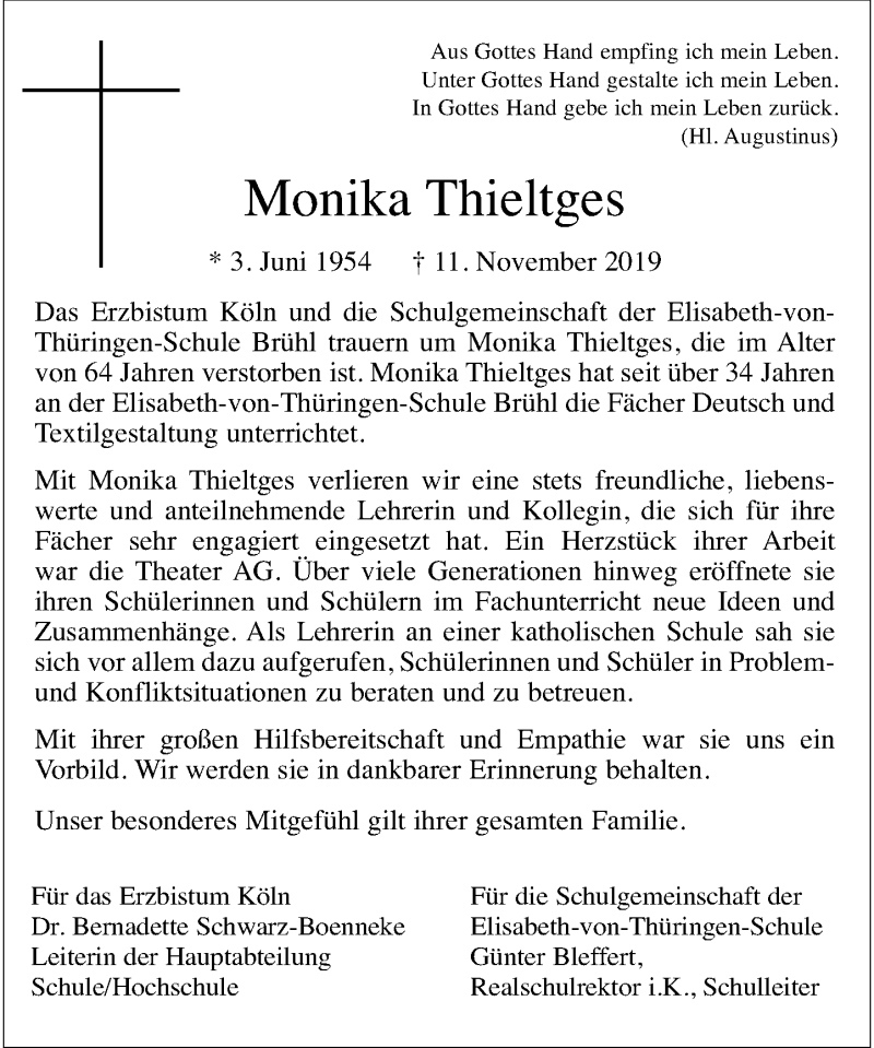  Traueranzeige für Monika Thieltges vom 16.11.2019 aus General-Anzeiger Bonn