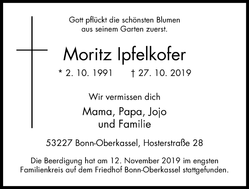  Traueranzeige für Moritz Ipfelkofer vom 16.11.2019 aus General-Anzeiger Bonn
