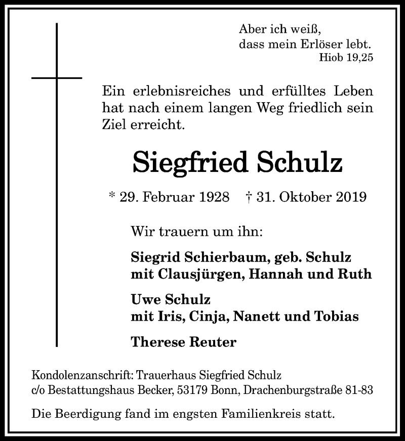 Traueranzeige für Siegfried Schulz vom 13.11.2019 aus General-Anzeiger Bonn