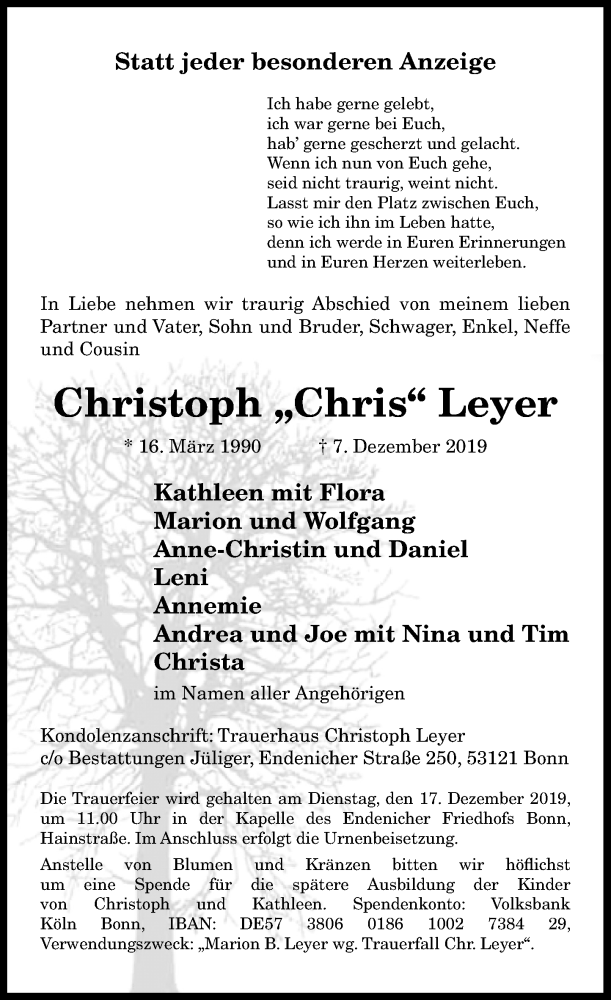  Traueranzeige für Christoph Leyer vom 14.12.2019 aus General-Anzeiger Bonn