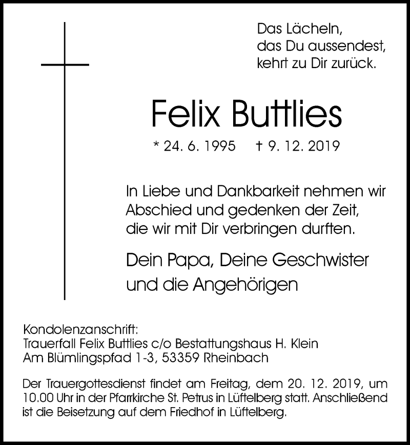  Traueranzeige für Felix Buttlies vom 14.12.2019 aus General-Anzeiger Bonn