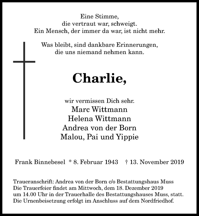  Traueranzeige für Frank Binnebesel vom 07.12.2019 aus General-Anzeiger Bonn