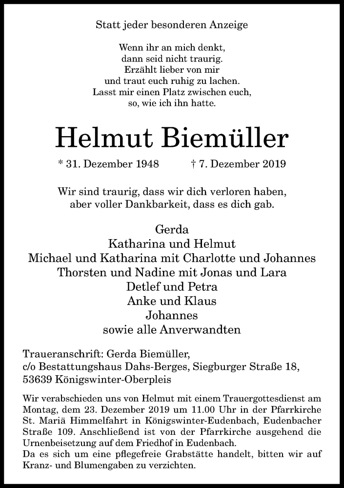  Traueranzeige für Helmut Biemüller vom 14.12.2019 aus General-Anzeiger Bonn