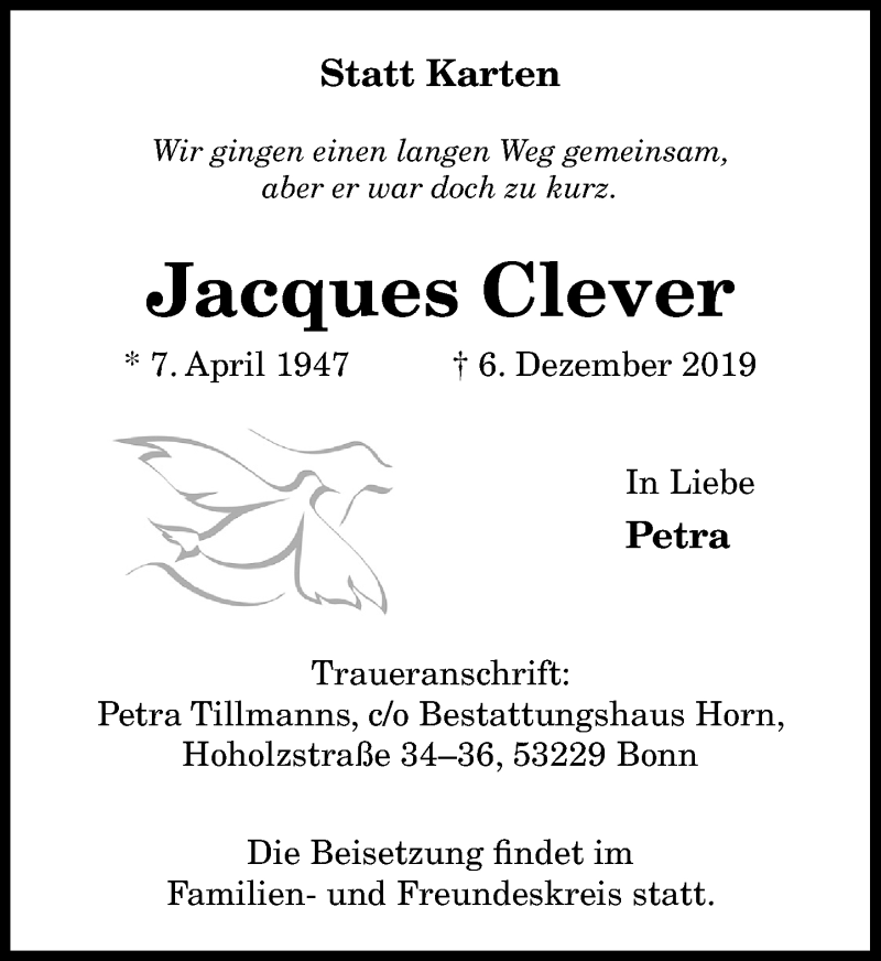  Traueranzeige für Jacques Clever vom 14.12.2019 aus General-Anzeiger Bonn