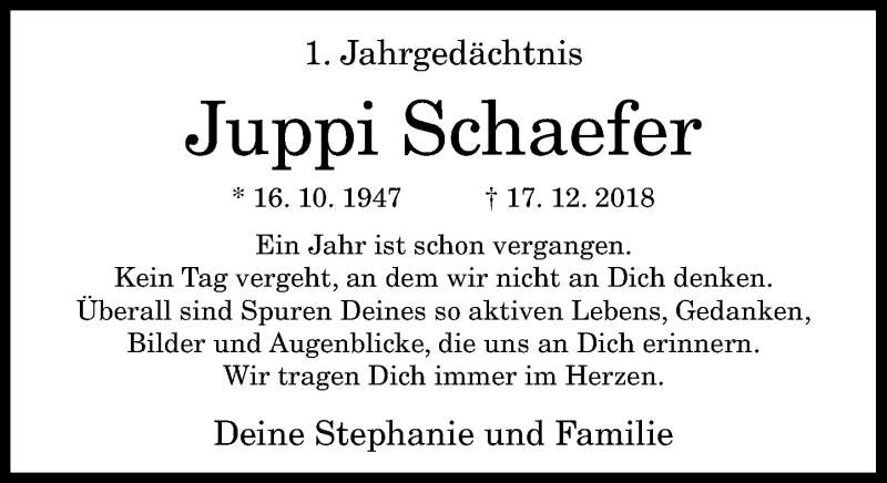  Traueranzeige für Juppi Schaefer vom 17.12.2019 aus General-Anzeiger Bonn