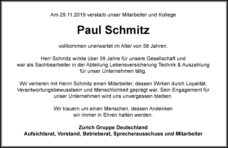 Traueranzeige für Paul Schmitz vom 07.12.2019 aus General-Anzeiger Bonn