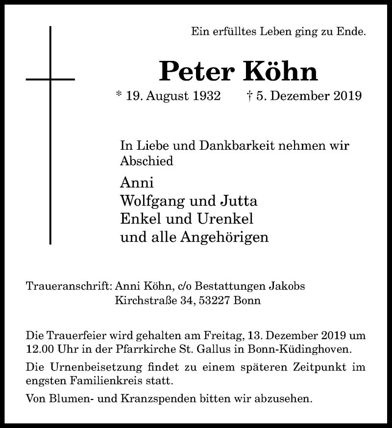  Traueranzeige für Peter Köhn vom 07.12.2019 aus General-Anzeiger Bonn
