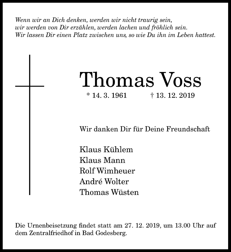  Traueranzeige für Thomas Voss vom 21.12.2019 aus General-Anzeiger Bonn