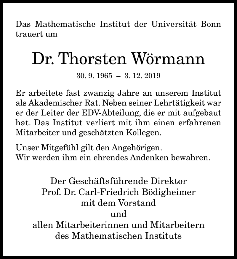  Traueranzeige für Thorsten Wörmann vom 07.12.2019 aus General-Anzeiger Bonn