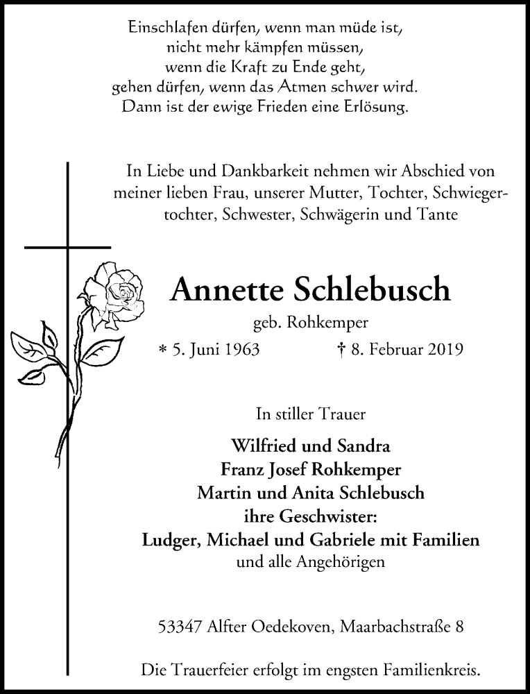  Traueranzeige für Annette Schlebusch vom 16.02.2019 aus General-Anzeiger Bonn