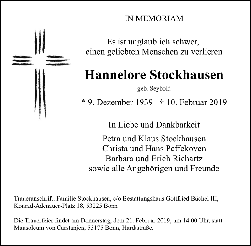  Traueranzeige für Hannelore Stockhausen vom 16.02.2019 aus General-Anzeiger Bonn