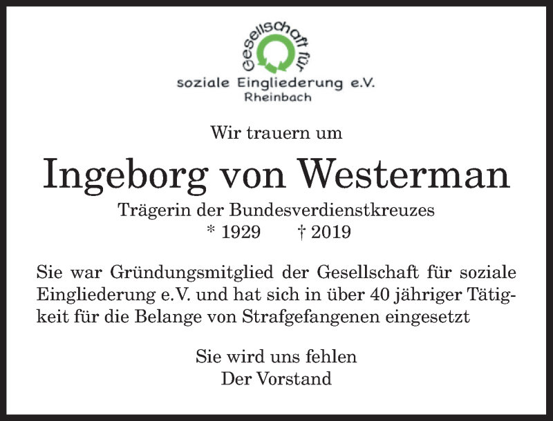  Traueranzeige für Ingeborg von Westerman vom 18.02.2019 aus General-Anzeiger Bonn