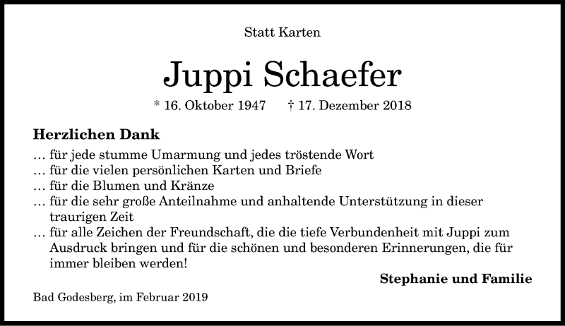 Traueranzeige für Juppi Schaefer vom 02.02.2019 aus General-Anzeiger Bonn
