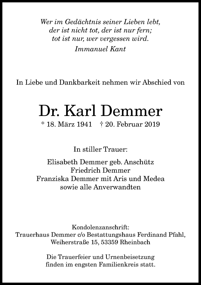  Traueranzeige für Karl Demmer vom 23.02.2019 aus General-Anzeiger Bonn