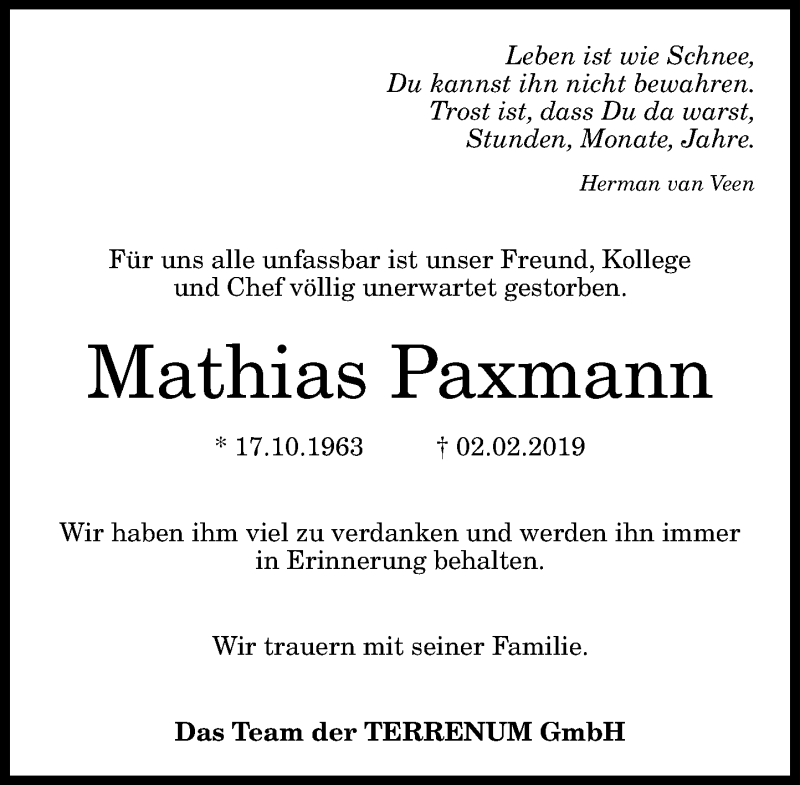  Traueranzeige für Mathias Paxmann vom 06.02.2019 aus General-Anzeiger Bonn