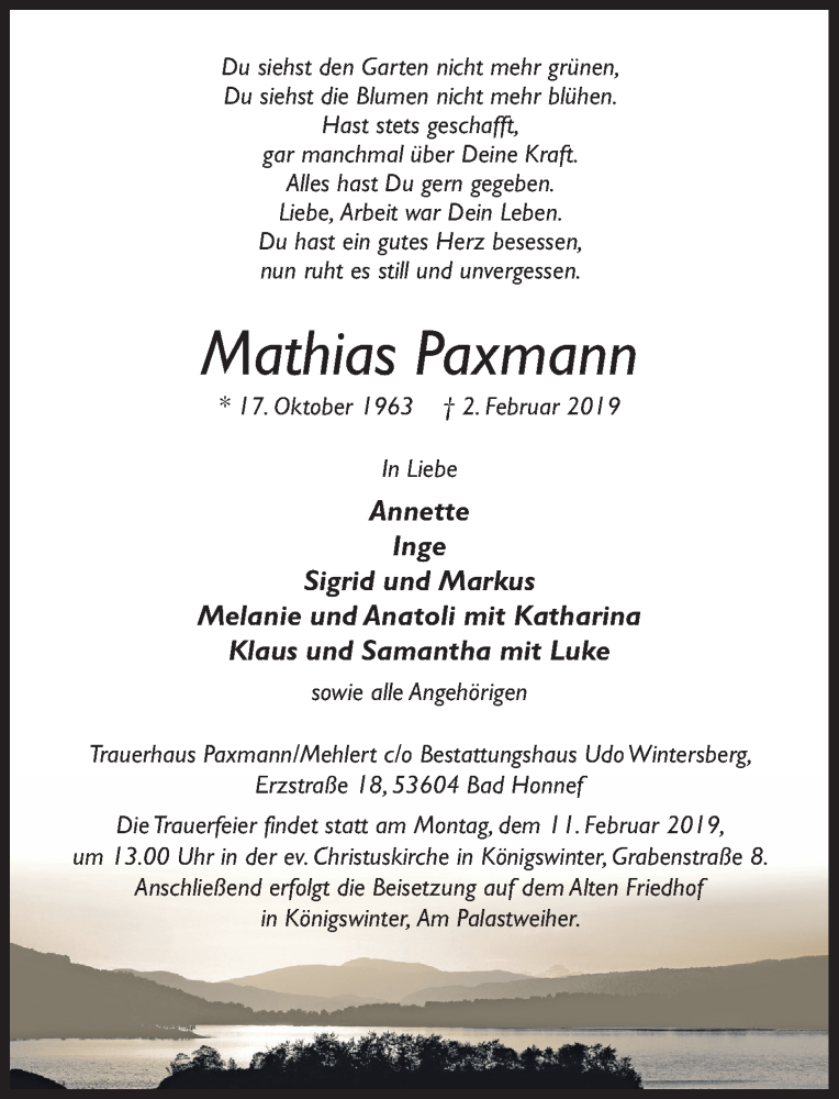  Traueranzeige für Mathias Paxmann vom 06.02.2019 aus General-Anzeiger Bonn
