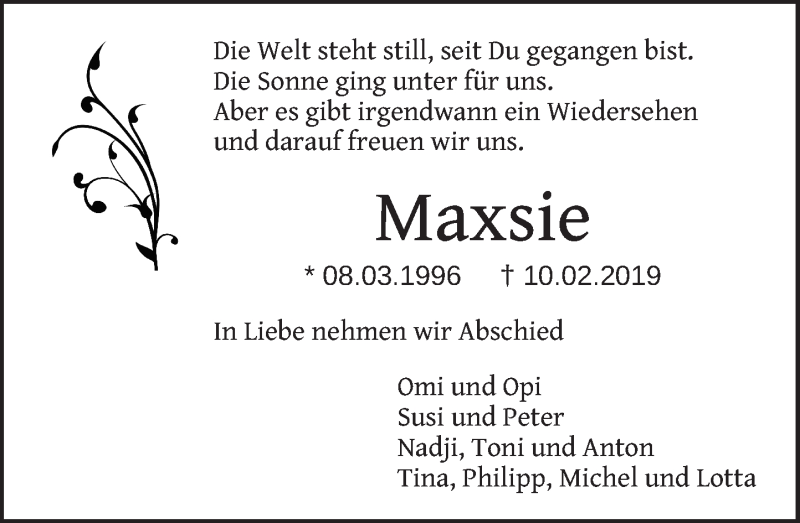  Traueranzeige für Maxsie Hahne vom 16.02.2019 aus General-Anzeiger Bonn