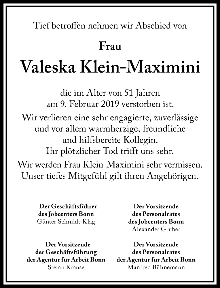  Traueranzeige für Valeska Klein-Maximini vom 16.02.2019 aus General-Anzeiger Bonn