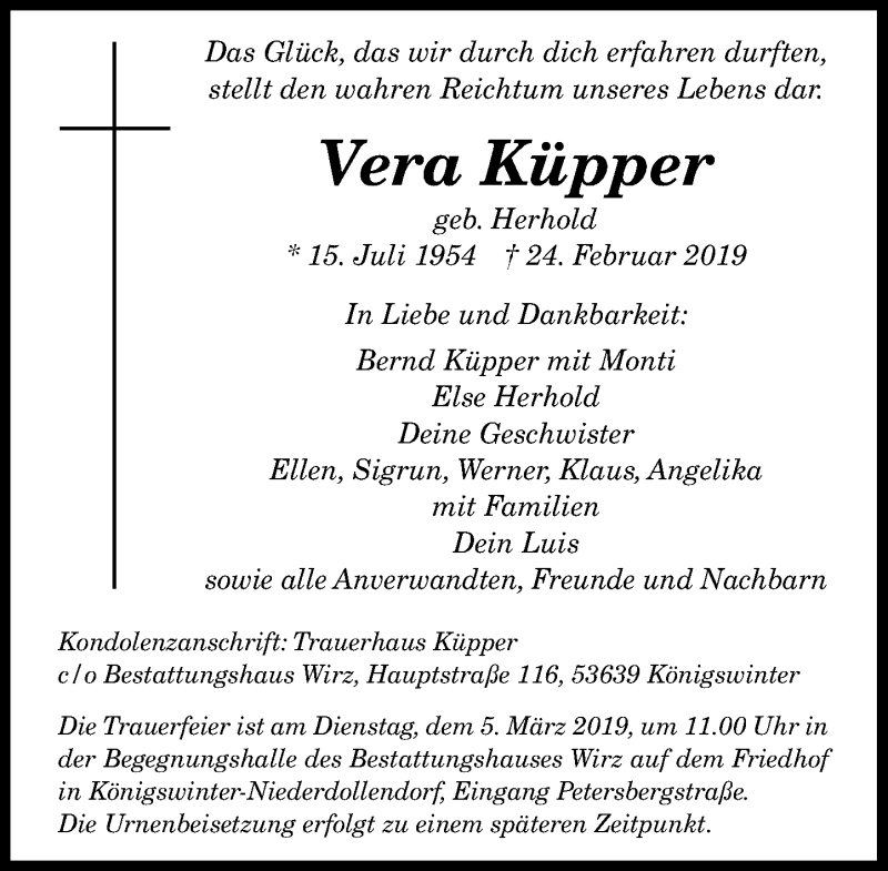  Traueranzeige für Vera Küpper vom 27.02.2019 aus General-Anzeiger Bonn
