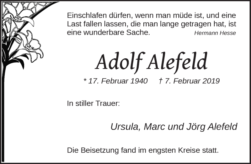  Traueranzeige für Adolf Alefeld vom 09.03.2019 aus General-Anzeiger Bonn
