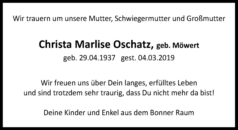  Traueranzeige für Christa Marlise Oschatz vom 09.03.2019 aus General-Anzeiger Bonn