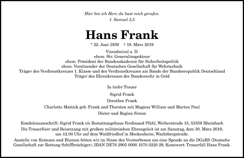  Traueranzeige für Hans Frank vom 23.03.2019 aus General-Anzeiger Bonn