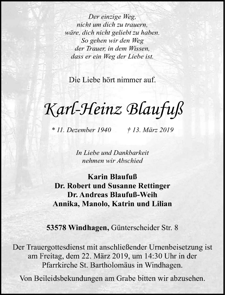  Traueranzeige für Karl-Heinz Blaufuß vom 16.03.2019 aus General-Anzeiger Bonn