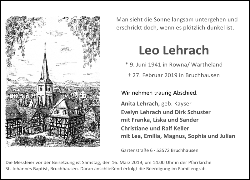  Traueranzeige für Leo Lehrach vom 02.03.2019 aus General-Anzeiger Bonn