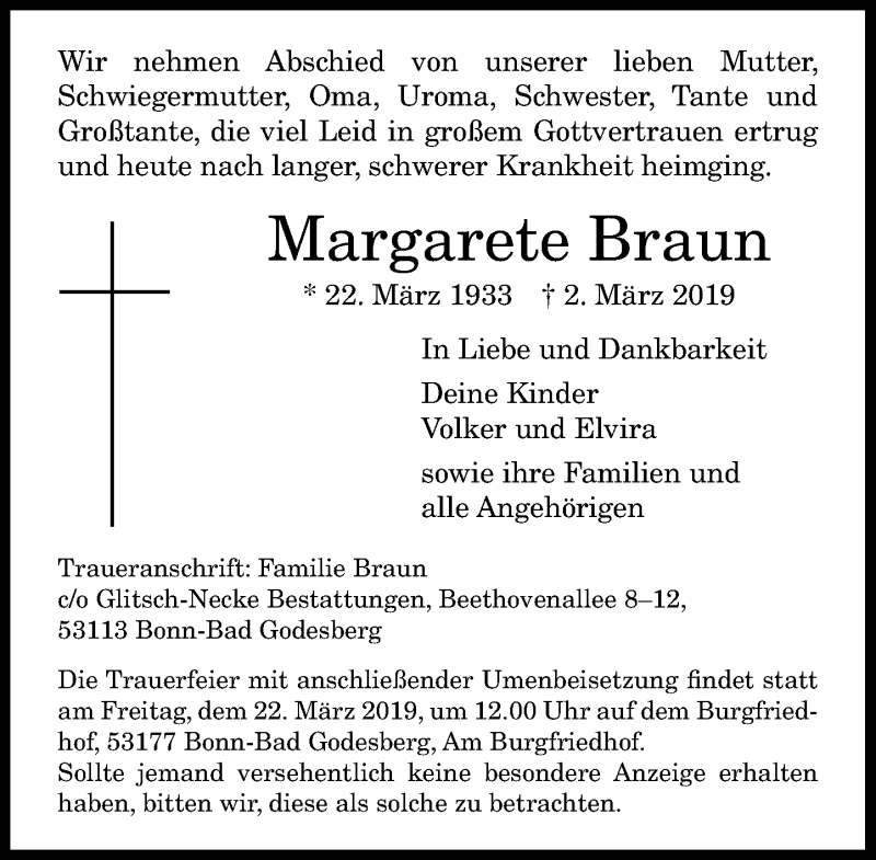  Traueranzeige für Margarete Braun vom 16.03.2019 aus General-Anzeiger Bonn