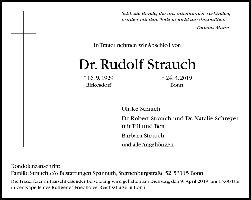  Traueranzeige für Rudolf Strauch vom 30.03.2019 aus General-Anzeiger Bonn