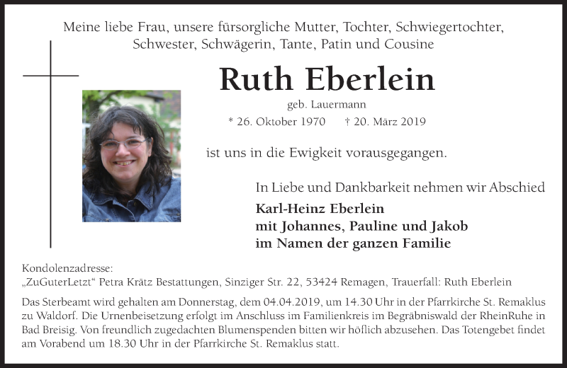  Traueranzeige für Ruth Eberlein vom 30.03.2019 aus General-Anzeiger Bonn