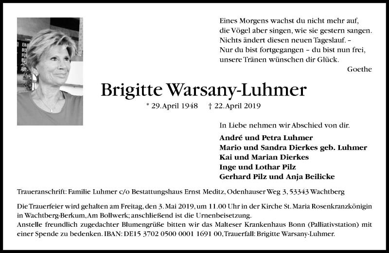  Traueranzeige für Brigitte Warsany-Luhmer vom 27.04.2019 aus General-Anzeiger Bonn