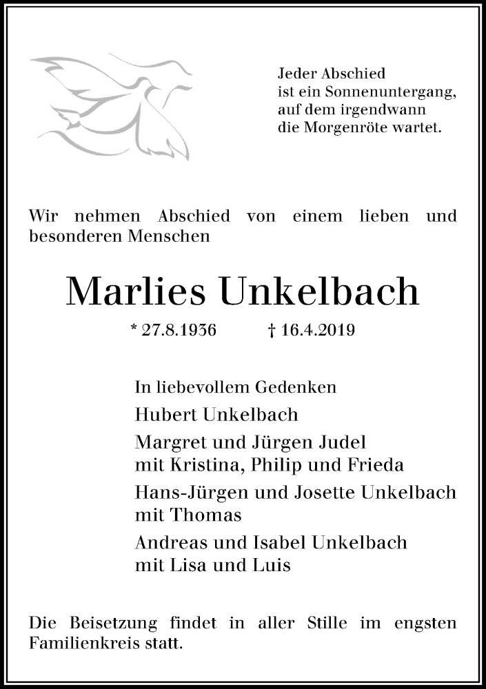  Traueranzeige für Marlies Unkelbach vom 20.04.2019 aus General-Anzeiger Bonn