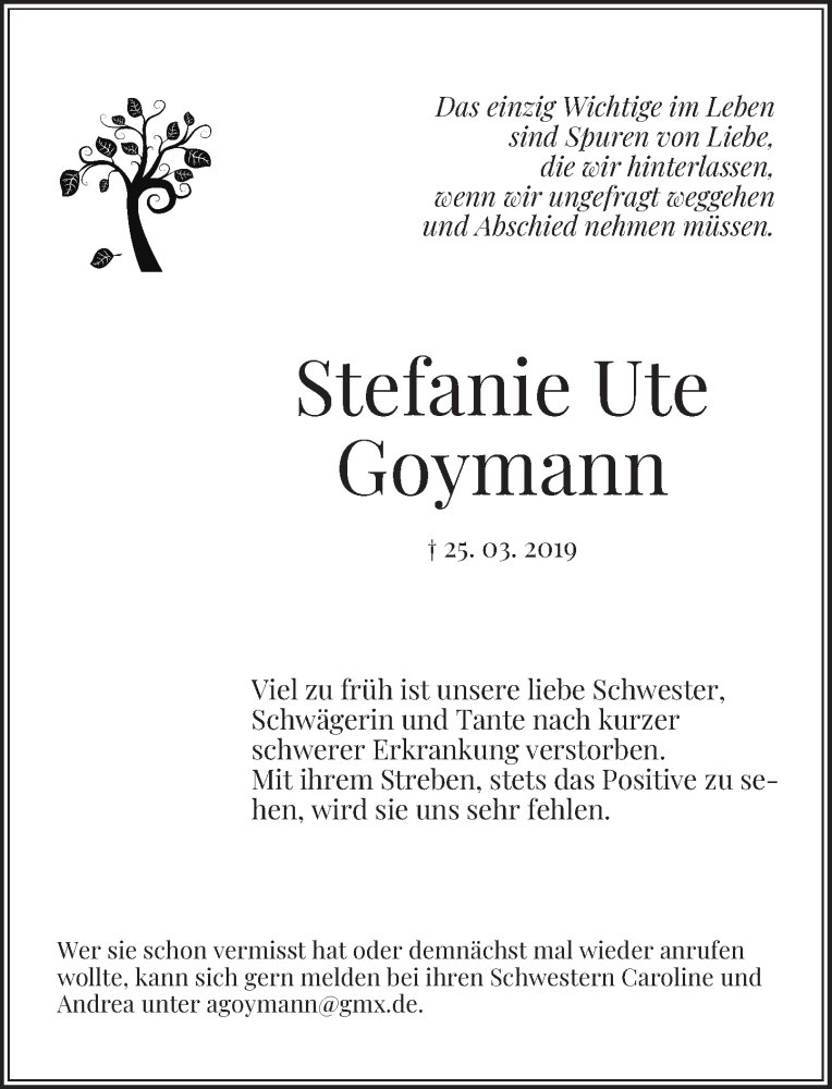  Traueranzeige für Stefanie Ute Goymann vom 27.04.2019 aus General-Anzeiger Bonn