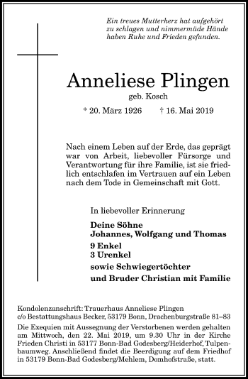Anzeige von Anneliese Plingen von General-Anzeiger Bonn