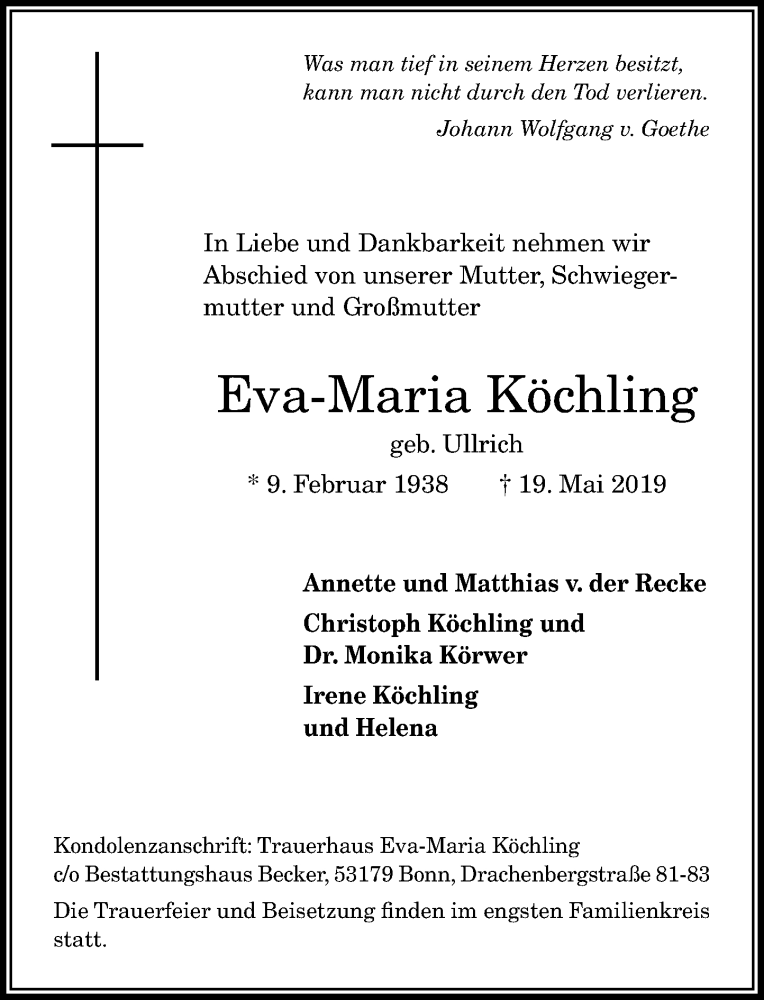  Traueranzeige für Eva-Maria Köchling vom 25.05.2019 aus General-Anzeiger Bonn