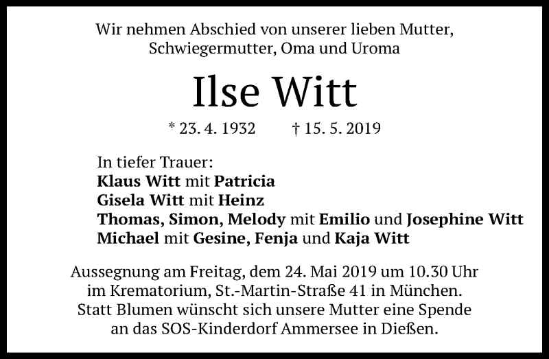  Traueranzeige für Ilse Witt vom 22.05.2019 aus General-Anzeiger Bonn