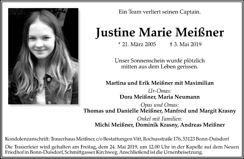  Traueranzeige für Justine Marie Meißner vom 18.05.2019 aus General-Anzeiger Bonn