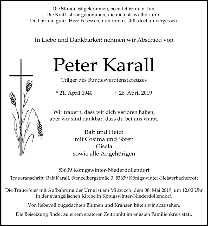 Traueranzeige für Peter Karall vom 04.05.2019 aus General-Anzeiger Bonn