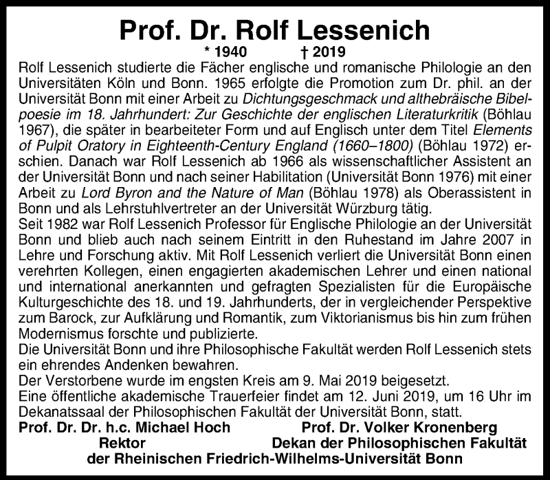  Traueranzeige für Rolf Lessenich vom 11.05.2019 aus General-Anzeiger Bonn
