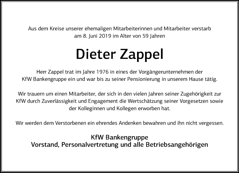  Traueranzeige für Dieter Zappel vom 20.06.2019 aus General-Anzeiger Bonn